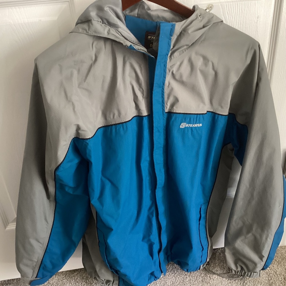 Mens Sterns Drywear Rain Jacket Blue n Gray Full Zip n Velcro Close Size Large